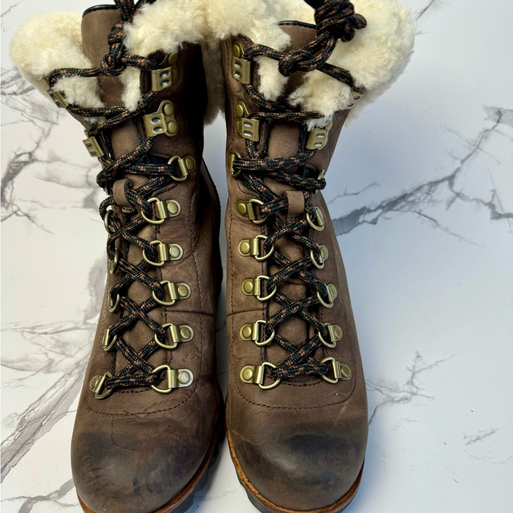Sorel Conquest Women’s Leather Shearling Wedge Heel Boots #NL2699